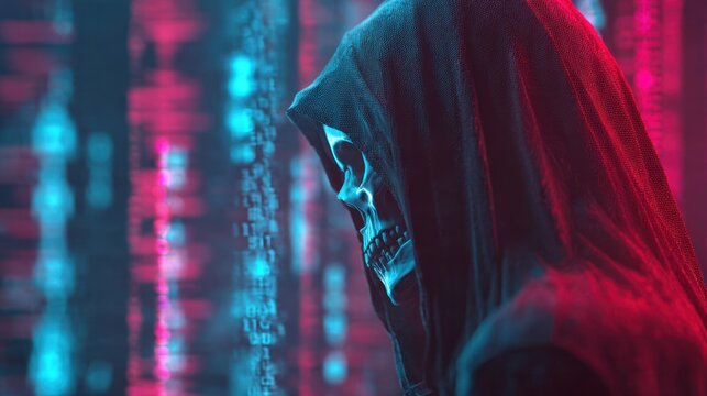 Cybernetic Grim: A chilling depiction of a figure in a hooded cloak, their skeletal face illuminated by vibrant neon hues, embodying a fusion of the digital realm and a haunting presence. 