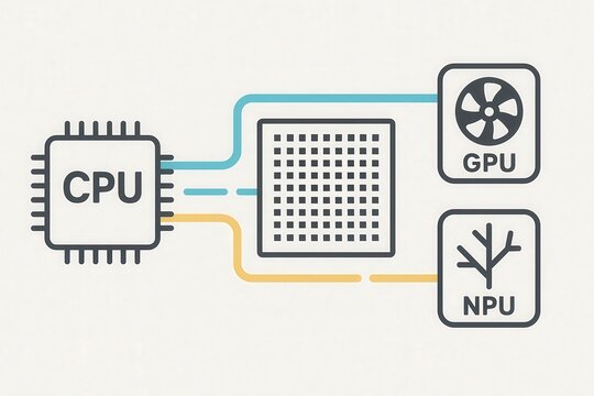 Simplified circuit diagram showcasing central processing unit connections with graphics processing unit and neural processing unit emphasizing technology and AI interaction