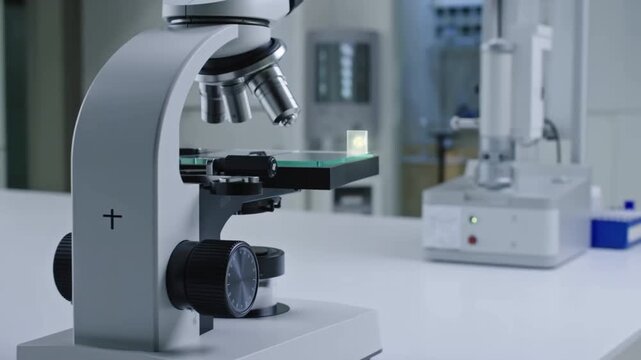 A cinematic dolly out shot from a glowing specimen slide revealing a full modern microscope in a clean lab concept of context and scale in scientific research