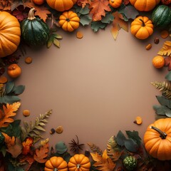 Frame of colorful autumn leaves and pumpkins on beige mocha mousse background, design template for Thanksgiving autumn harvest Halloween or seasonal invitation, with copyspace for text.