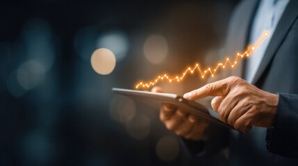 Financial Progress: An image of a professional figure focused on monitoring financial data. A visual presentation with rising success, symbolizing business growth and financial achievement.