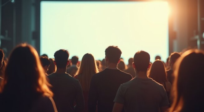 People are standing in a large room with a screen in the background