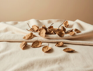 Dried botanical elements scattered on a textured fabric surface