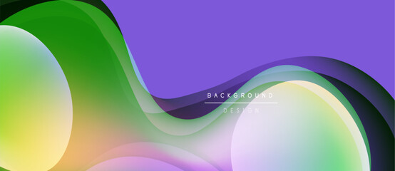 Abstract fluid shapes blend, creating vibrant purple, green, yellow gradients. Modern design suggests movement, energy, smooth transitions.