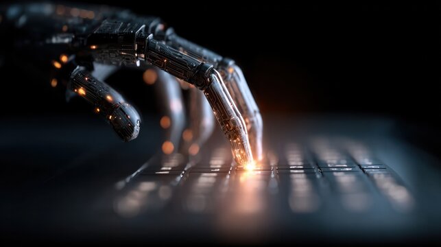 Futuristic Technology: An advanced robotic hand delicately interacts with the glowing keys of a keyboard, hinting at the seamless integration of technology in the digital age.