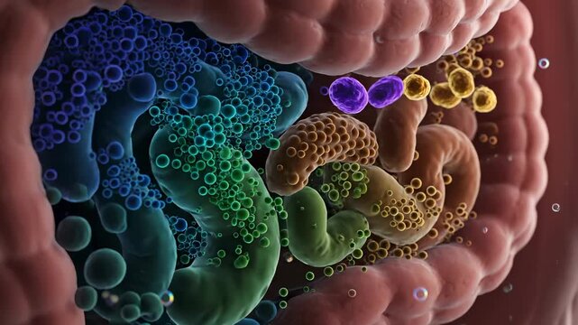 Microscopic view shows gut microbiome activity now. Intestine villus and epithelium host bacterium. Colorful colony interacts with nutrient and mucus. Visualization highlights digestion and
