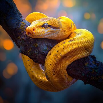 Yellow python coiled on a tree branch with bokeh Photo background