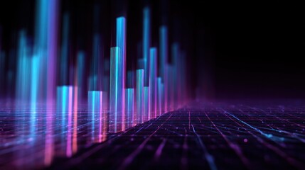 Data Visualization: Illuminated columns of data rise and fall against a backdrop of complex interconnected grids, symbolizing the dynamic flow of information and technological innovation.