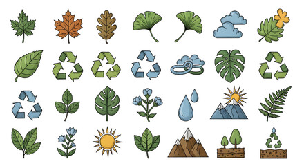 Set of hand-drawn color icons on an environmental theme, featuring leaves, recycling symbols, mountains, and weather elements for eco-friendly design