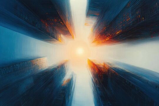 looking up at tall skyscrapers converging towards a bright sun in a misty urban sky with glowing windows and dynamic light effects