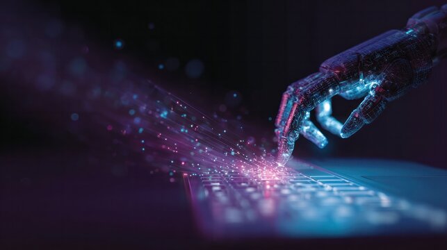 Digital Tap: An abstract image featuring a robotic hand interacting with a digital keyboard, representing the intersection of technology and artificial intelligence.