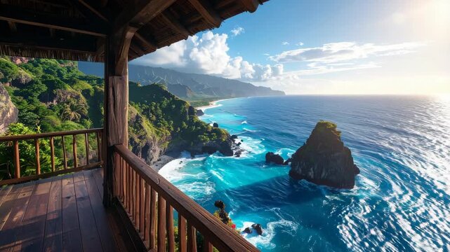 Scenic ocean view from a wooden veranda overlooking cliffs, beach, blue turquoise water, waves, sky and lush green vegetation