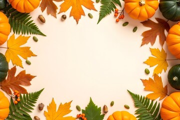Fototapeta premium Frame of colorful autumn leaves and pumpkins on white background, banner template for Thanksgiving autumn harvest Halloween or seasonal invitation, with copyspace for text.
