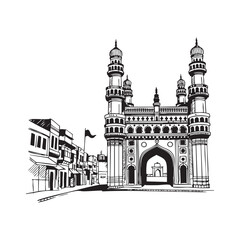 Obraz premium Black and white sketch of Charminar monument and street scene Hyderabad India 1