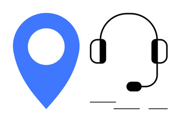 Blue location pin beside black headset with microphone. Ideal for navigation, customer support, communication, technology, service, assistance, remote work. A simple flat metaphor