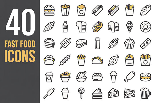 Hand-drawn vector icons set for web and mobile application design, including symbols for business, food, and music