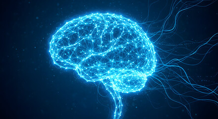 Abstract digital brain glowing with interconnected lines and dots, symbolizing artificial intelligence, neural networks, data processing, and advanced technological thought concepts