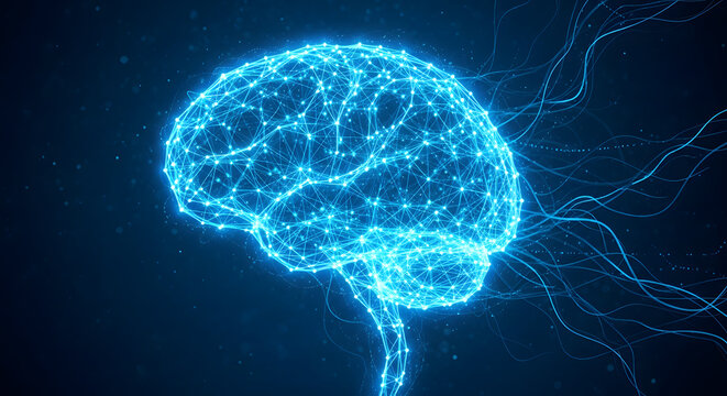 Abstract digital brain glowing with interconnected lines and dots, symbolizing artificial intelligence, neural networks, data processing, and advanced technological thought concepts