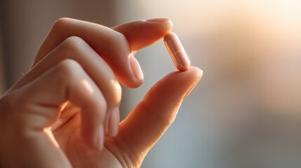 The Healing Touch: A close-up shot of a hand delicately holding a single capsule, bathed in natural light, evoking a sense of well-being, care, and the hope of healing.