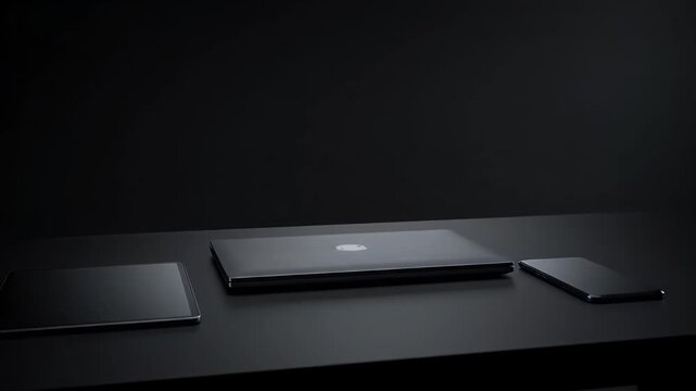 Minimalist Black on Black Still Life of Laptop Tablet and Smartphone on a Dark Surface with Studio Lighting