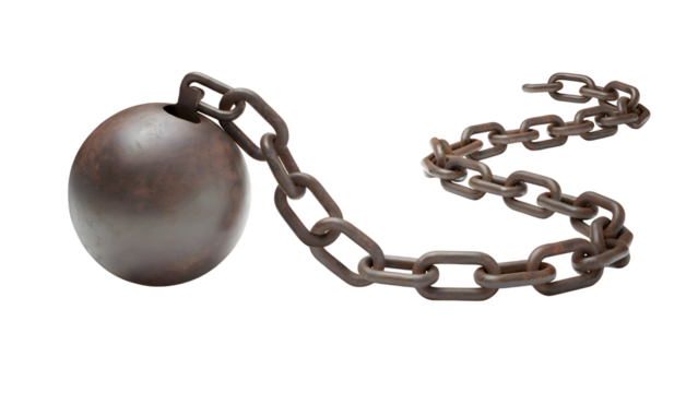 Rusty Metal Ball and Chain Isolated on White Background Symbol of Prison and Constraint