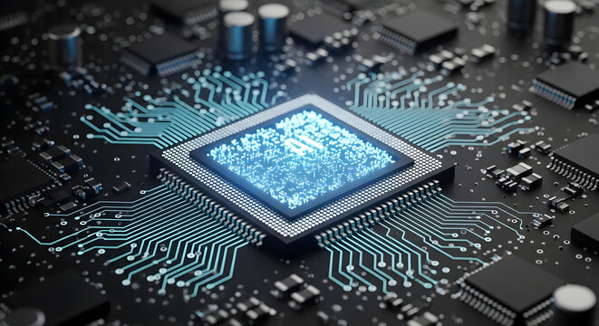 Advanced computer processor with a glowing blue core, symbolizing digital innovation, data processing, and technological power on a complex circuit board