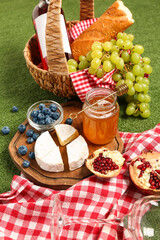 Composition with tasty food for picnic on green background