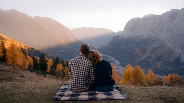 Couple enjoying a scenic mountain view at sunset during autumn - Powered by Adobe