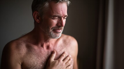 Fototapeta premium Suffering in Silence: A man, captured in a moment of intense emotional distress, appears to be grappling with an internal struggle, his expression hinting at pain, despair, or profound sadness.