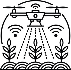 Outline illustration of a drone spraying crops in a field with wifi signals in the background