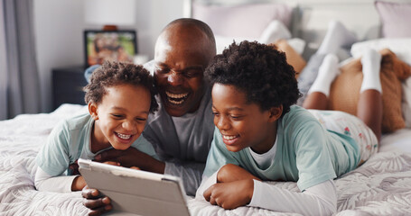 Children, laugh and dad with tablet in bedroom, bonding and watching cartoons with app subscription. Happy, black man and relax with kids on bed, streaming and entertainment on web for family in home