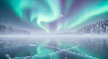 Ethereal Northern Lights dance in the winter sky above a cracked frozen lake in a serene arctic landscape
