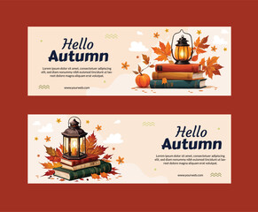Hello Autumn Banner Set with Lantern, Books, and Fall Leaves