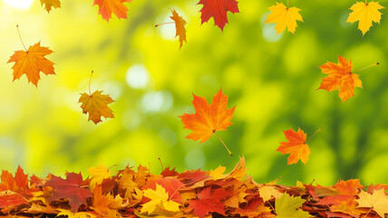 A vibrant autumn scene with falling maple leaves against a soft, blurred green backgroun