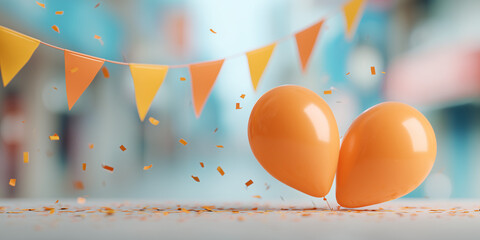 Two orange balloons floating near a string of orange and yellow triangle flags and small yellow confetti, set against a blurred colorful background. The balloons exude a sense of joy and anticipation.