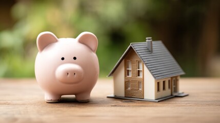Home Savings: A charming piggy bank rests beside a miniature house, symbolizing the financial journey toward homeownership. The serene outdoor setting adds a touch of tranquility.