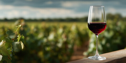 A glass of red wine is displayed elegantly on a wooden surface, with a vineyard in the blurred background. The wine's rich color contrasts beautifully with the green vineyard.