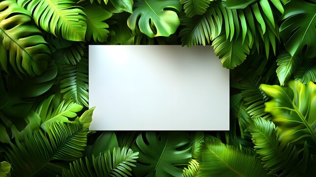 Blank canvas surrounded by vibrant green tropical leaves for artistic inspiration in natural setting