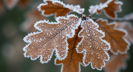 Close-up of frost-covered oak leaves on a branch during a cold winter morning