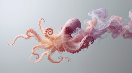 Abstract pastel smoke octopus floating on light grey background