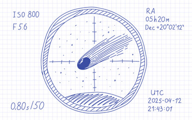 Blue Ballpen Scribble Comet 3I ATLAS Deep Space Visitor Cosmic Object Illustration. Hand Drawn Vintage Scientific Astronomy Art For Social Media Post