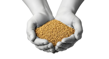 Cupped hands gently holding a generous amount of golden grains against a clean white background
