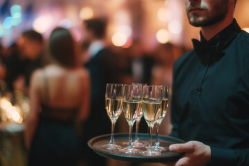 Elegant champagne flutes being served on a tray by a server at a formal event, with people blurred in the background. The server is wearing a bow tie, setting a sophisticated tone