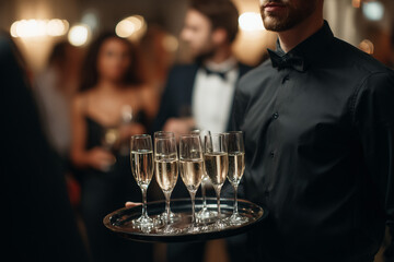 A waiter serving champagne to guests at a glamorous event