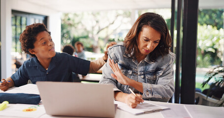 Mom, stress and boy with remote work, multitasking and stop noise with review project at house. People, mother and annoyed with child, admin or freelance job with writing at interracial family home