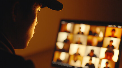 A person is in a virtual meeting on a laptop, connecting with a diverse group of other people