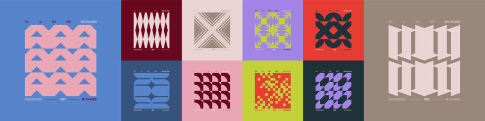 Mosaic of brutal figures, Kit of Postmodern geometric compositions with abstract shapes in brutalism aesthetics, trendy color retro futuristic elements, vector modernist ornament, cards art 21