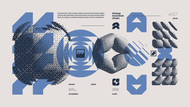 Dithering bitmap abstract vector color background with Postmodern geometric graphic brutalism shapes, Y2K bold vector pixelated modernism artwork banner inspiration 8bit aesthetic, glaucous 17