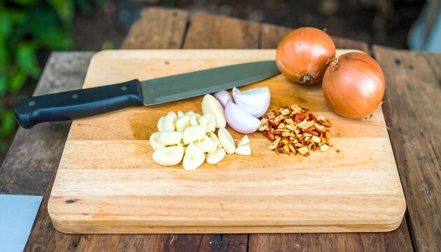 Chopped garlic, onions, and chili flakes on a wooden cutting board with a knife.