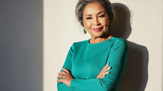 Elegant poise in portrait a distinguished older woman, radiating confidence, with gray hair and a warm smile, striking a pose of quiet grace. She is the epitome of poise.